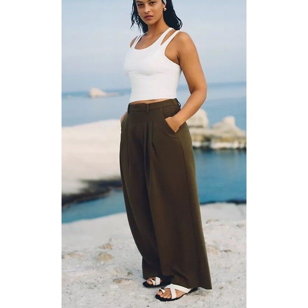 Anthropologie Maeve The Avery Coffee Brown Pleated Wide-Leg Trouser Size M